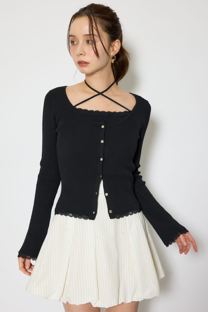 レースディティールニットカーディガンセット BLK FREE