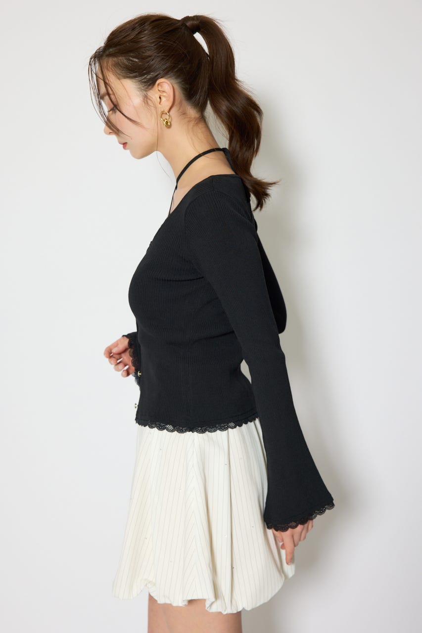 レースディティールニットカーディガンセット BLK FREE