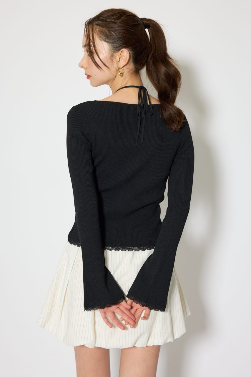レースディティールニットカーディガンセット BLK FREE