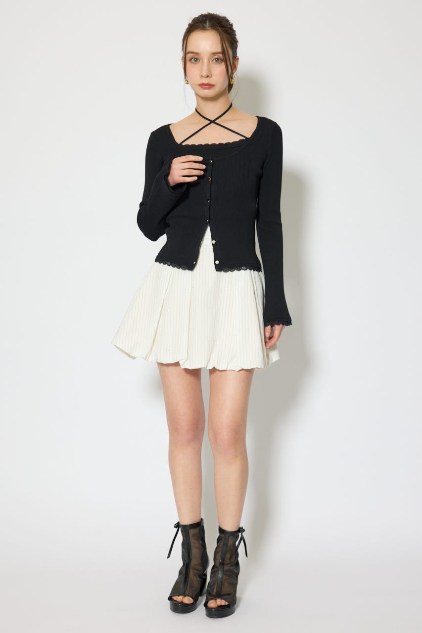 レースディティールニットカーディガンセット BLK FREE