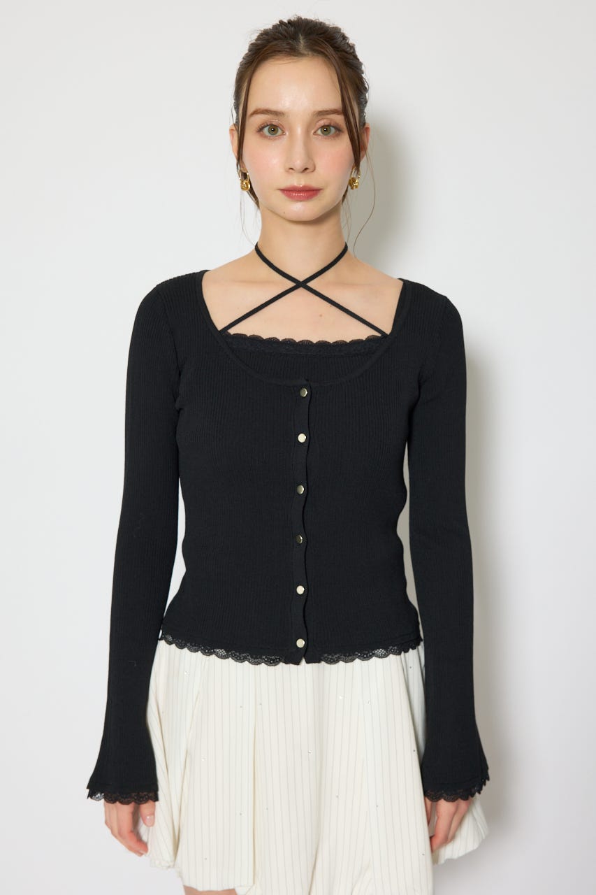 レースディティールニットカーディガンセット BLK FREE