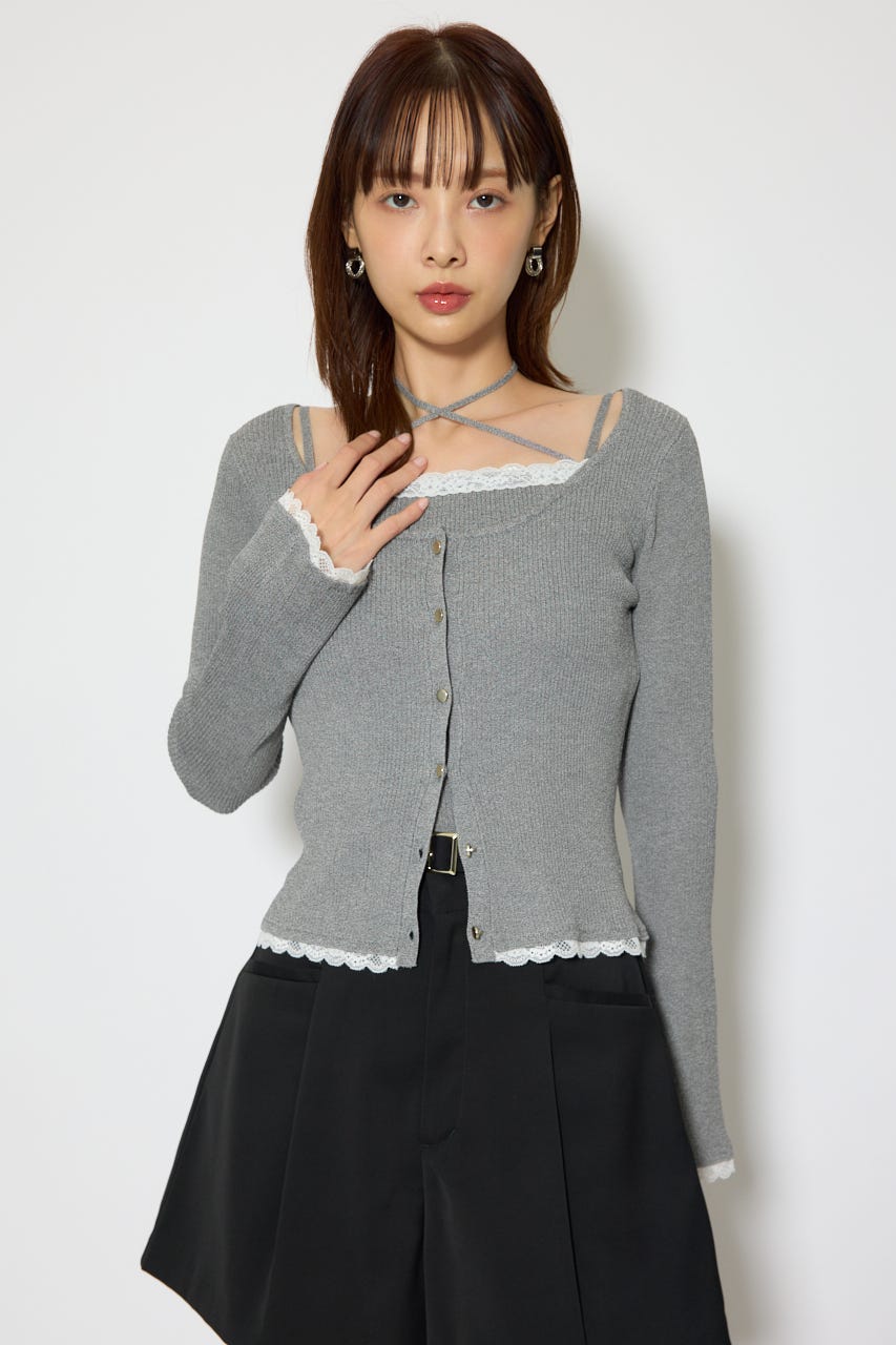 レースディティールニットカーディガンセット GRY FREE