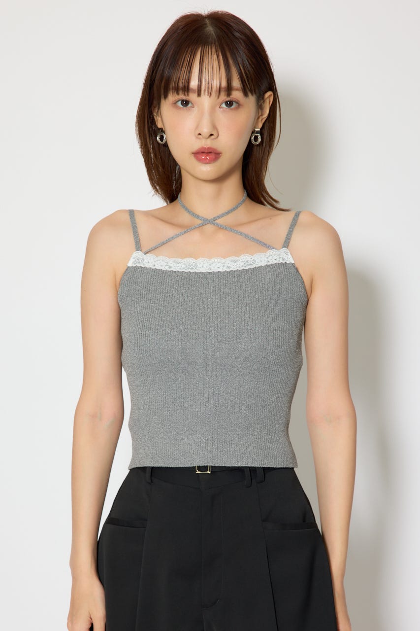 レースディティールニットカーディガンセット GRY FREE