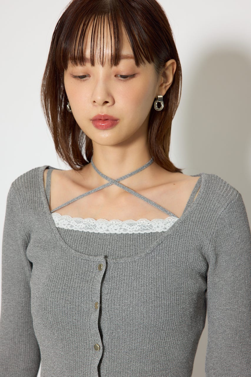 レースディティールニットカーディガンセット GRY FREE