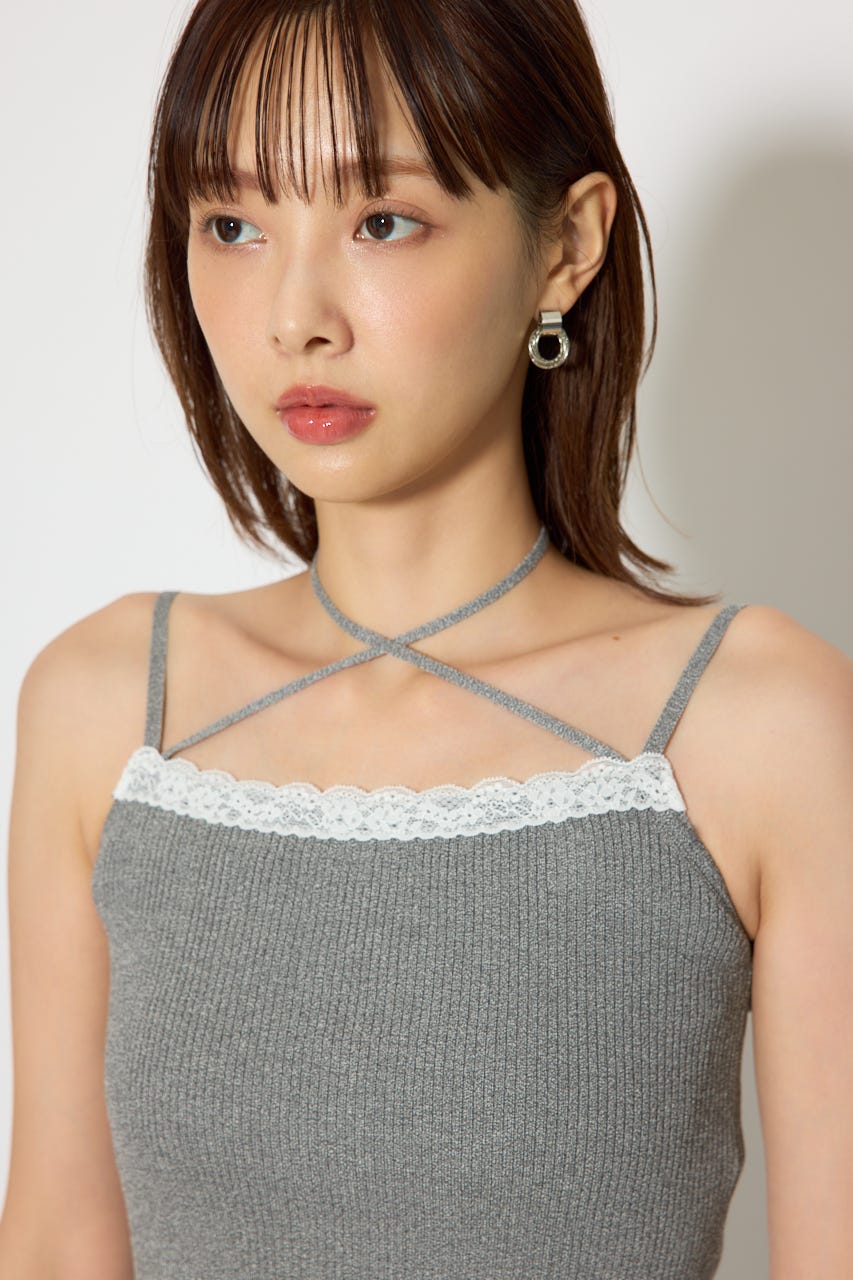 レースディティールニットカーディガンセット GRY FREE