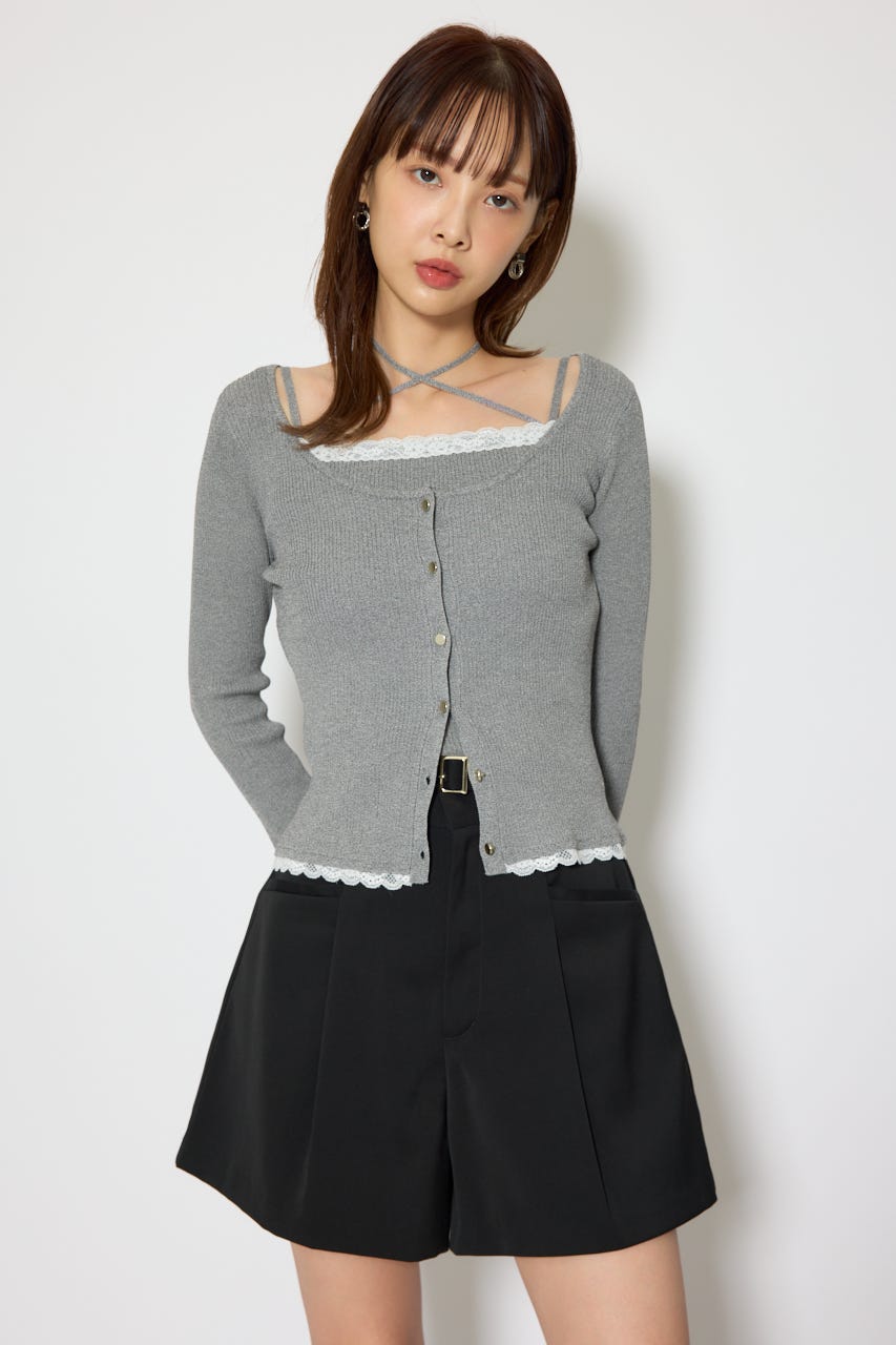 レースディティールニットカーディガンセット GRY FREE