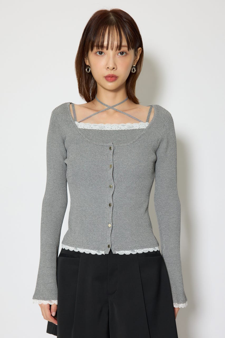 レースディティールニットカーディガンセット GRY FREE