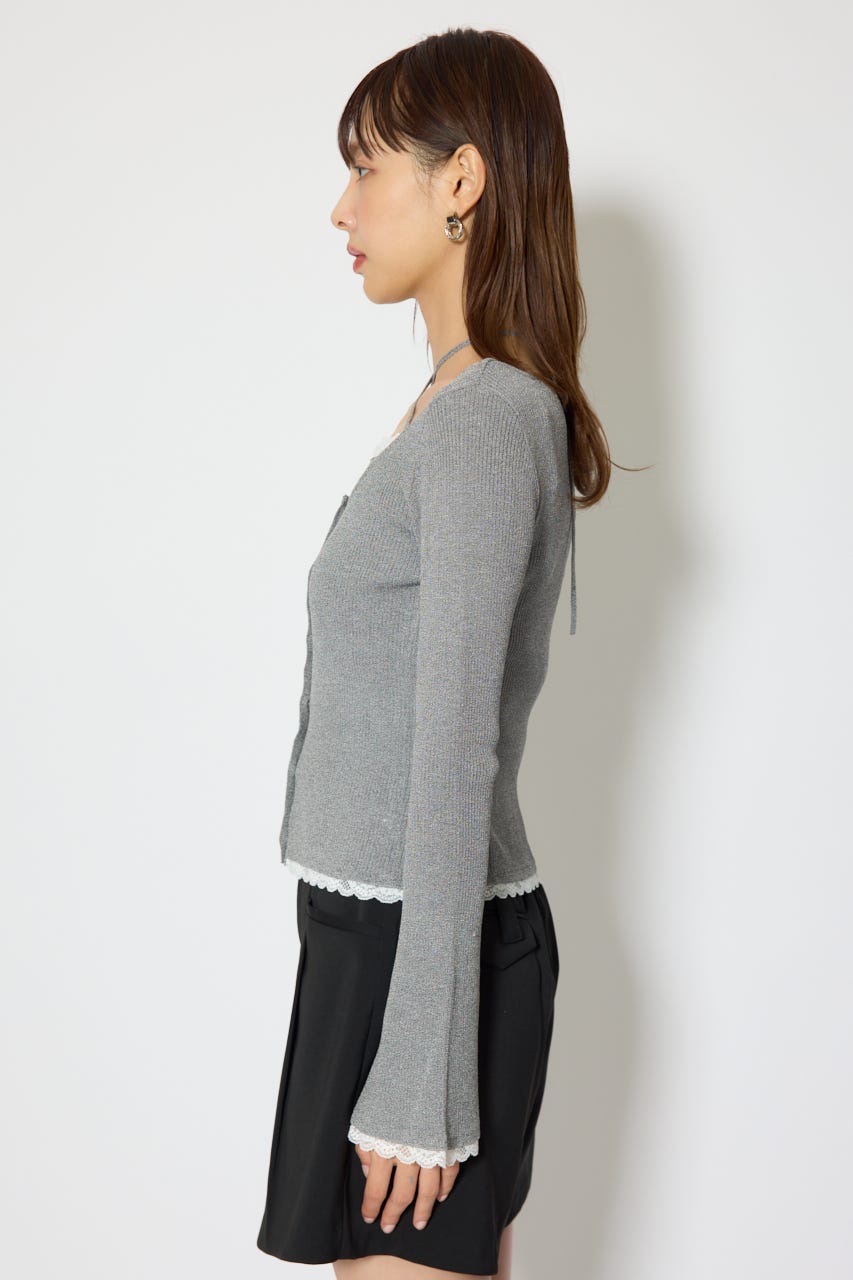 レースディティールニットカーディガンセット GRY FREE