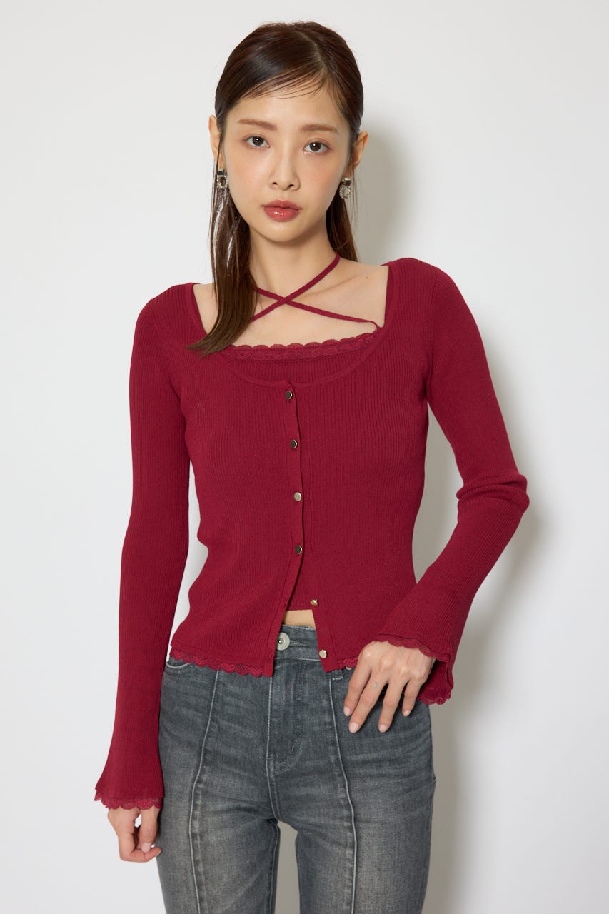 レースディティールニットカーディガンセット RED FREE