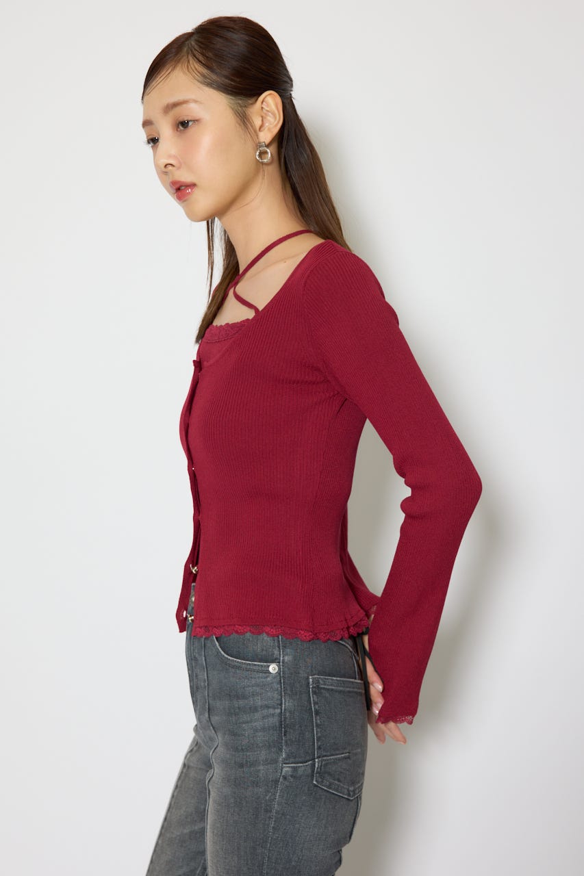 レースディティールニットカーディガンセット RED FREE