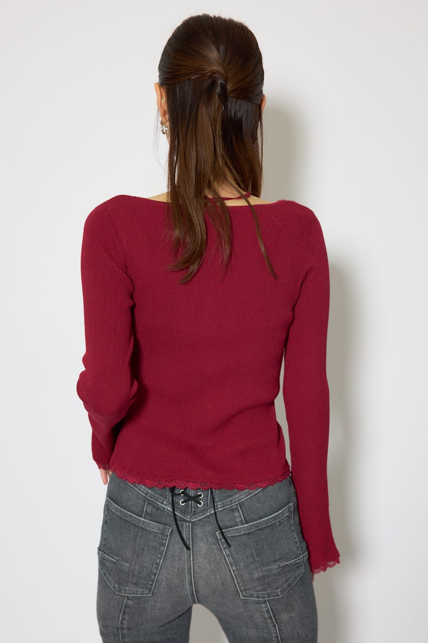 レースディティールニットカーディガンセット RED FREE