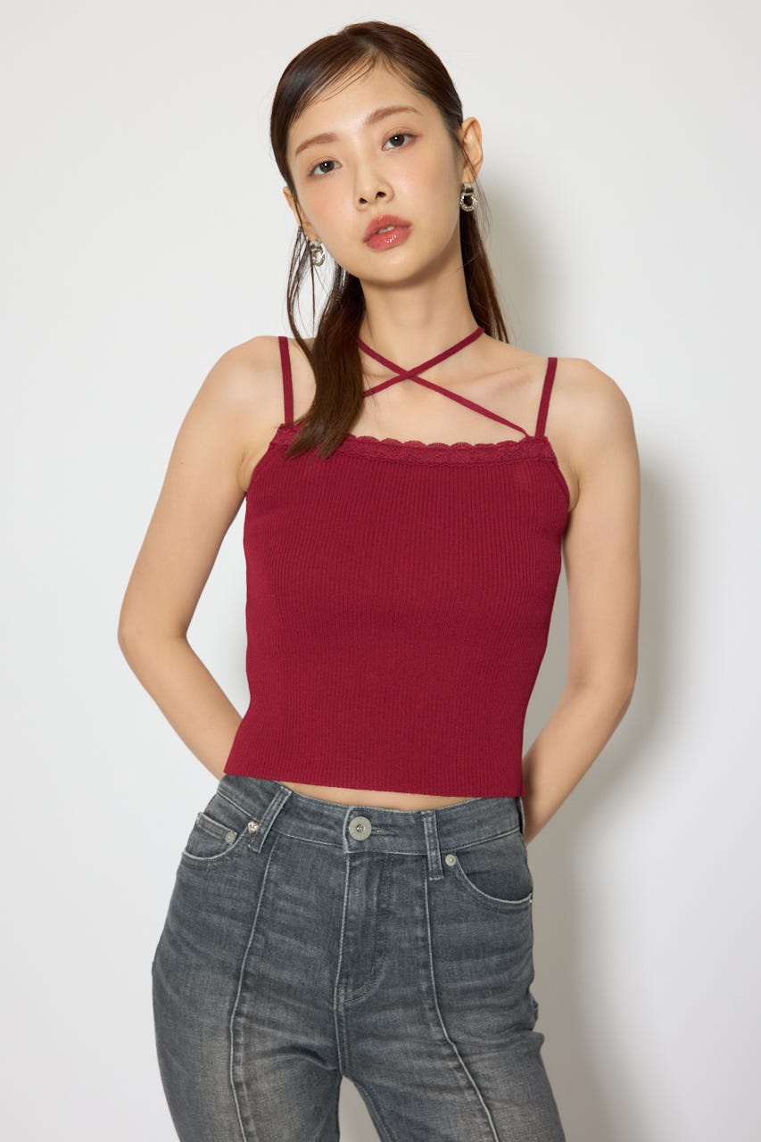 レースディティールニットカーディガンセット RED FREE