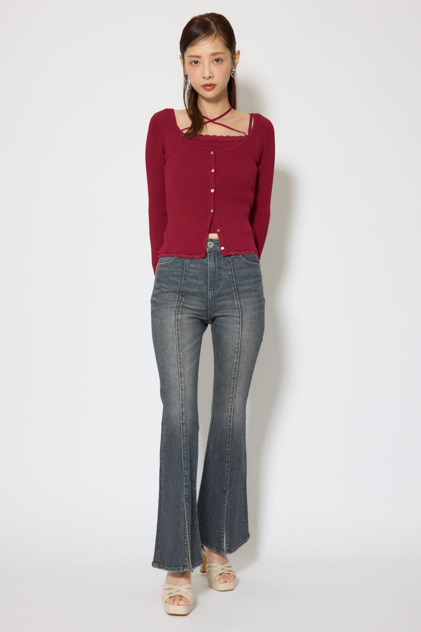 レースディティールニットカーディガンセット RED FREE