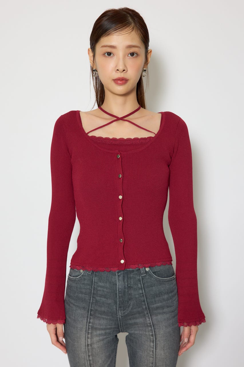 レースディティールニットカーディガンセット RED FREE
