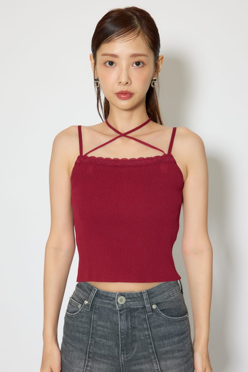 レースディティールニットカーディガンセット RED FREE