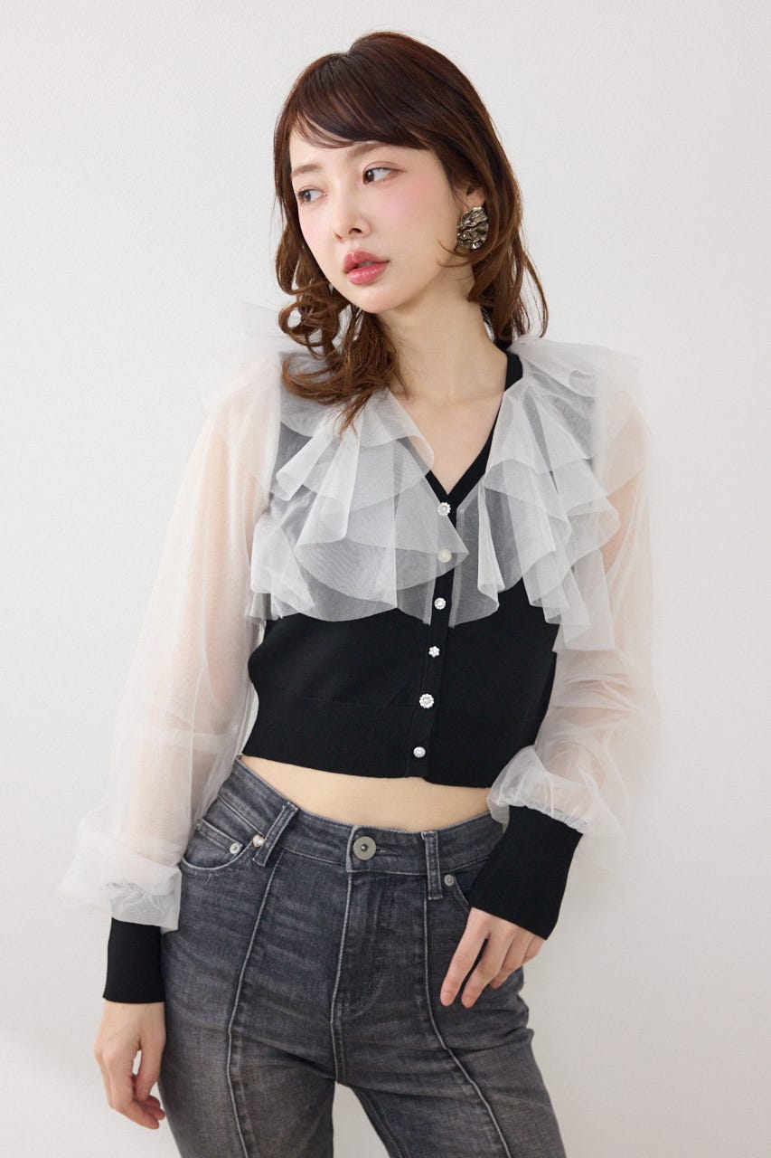 チュールフリルシアーニットカーディガン BLK FREE