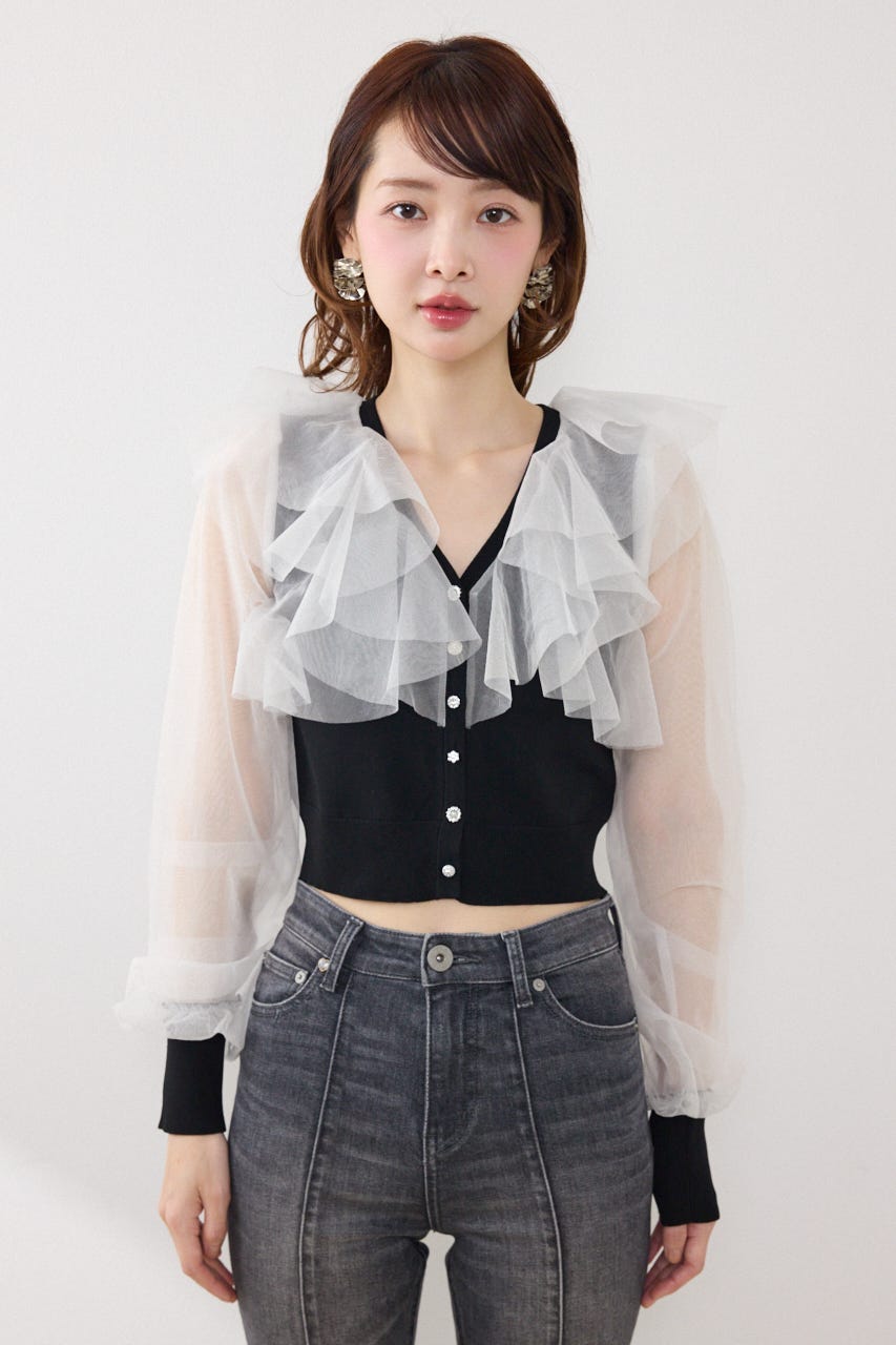 チュールフリルシアーニットカーディガン BLK FREE