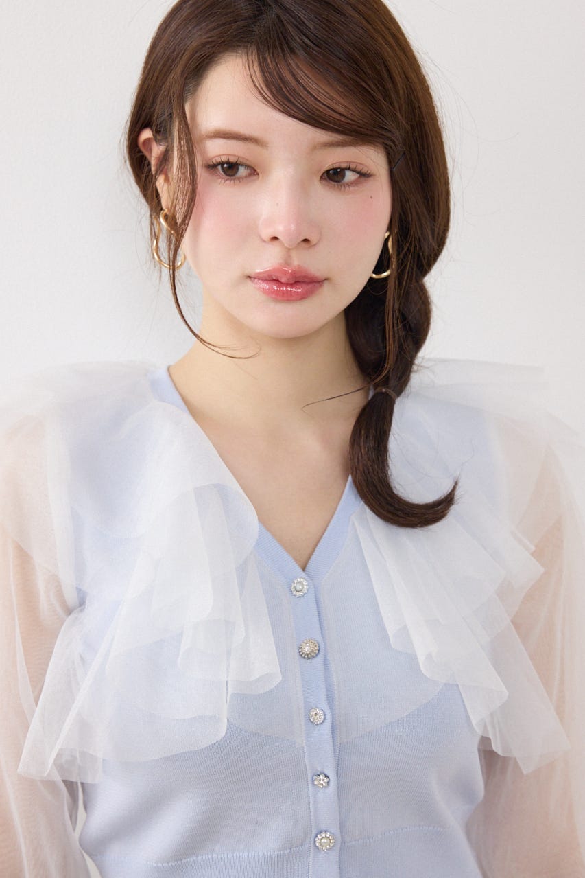 【GirlsAward着用アイテム】チュールフリルシアーニットカーディガン BLU FREE