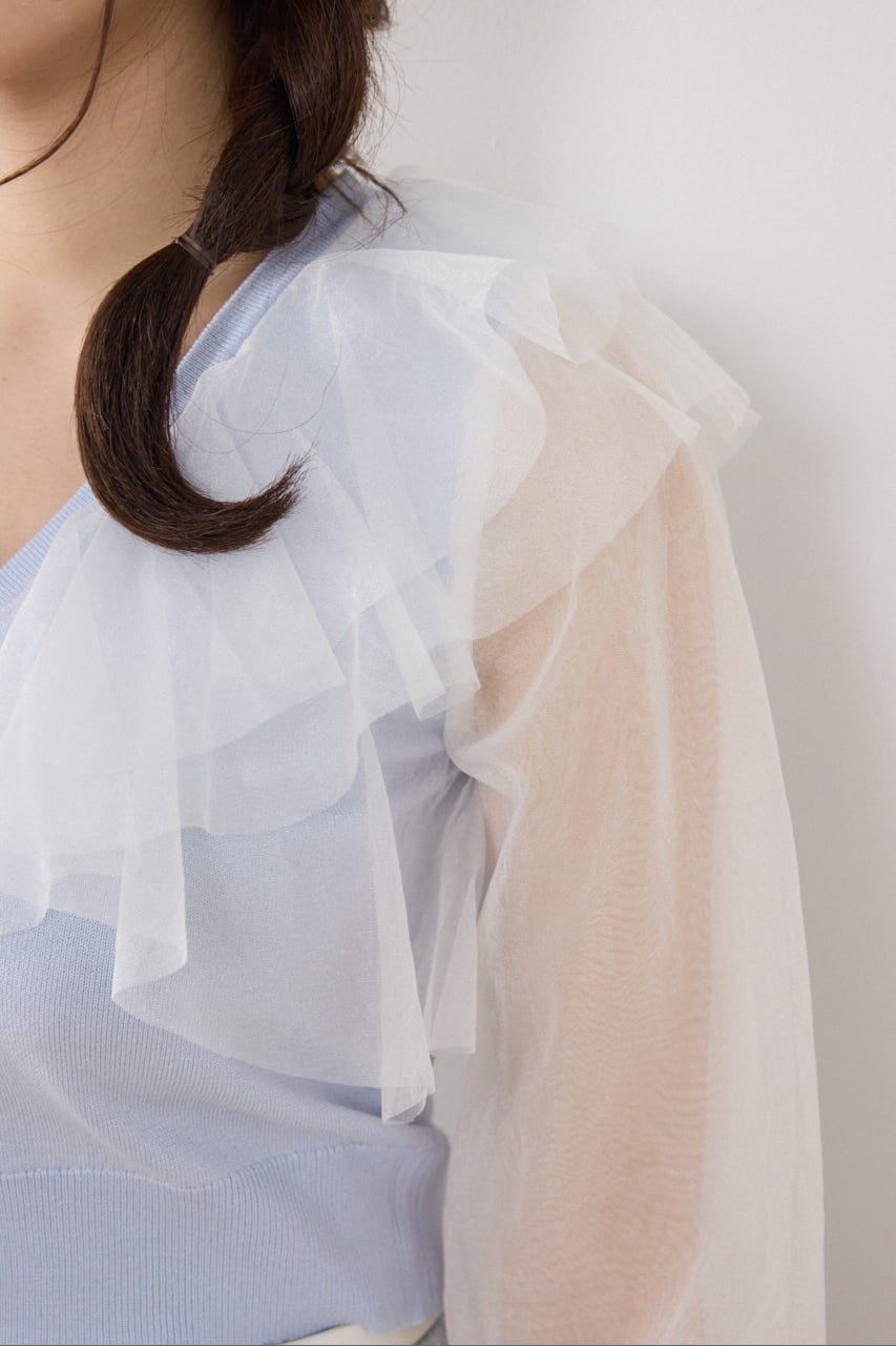 【GirlsAward着用アイテム】チュールフリルシアーニットカーディガン BLU FREE
