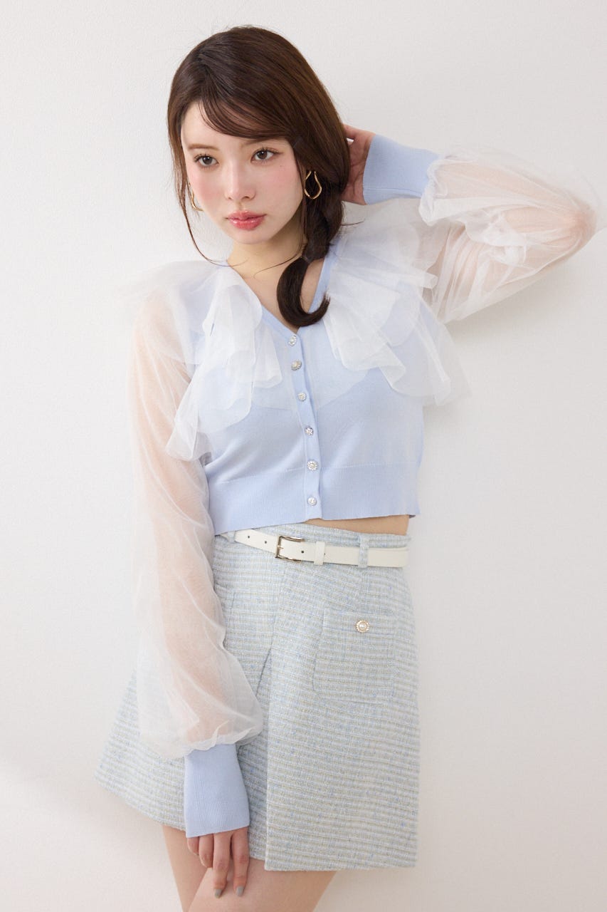 【GirlsAward着用アイテム】チュールフリルシアーニットカーディガン BLU FREE