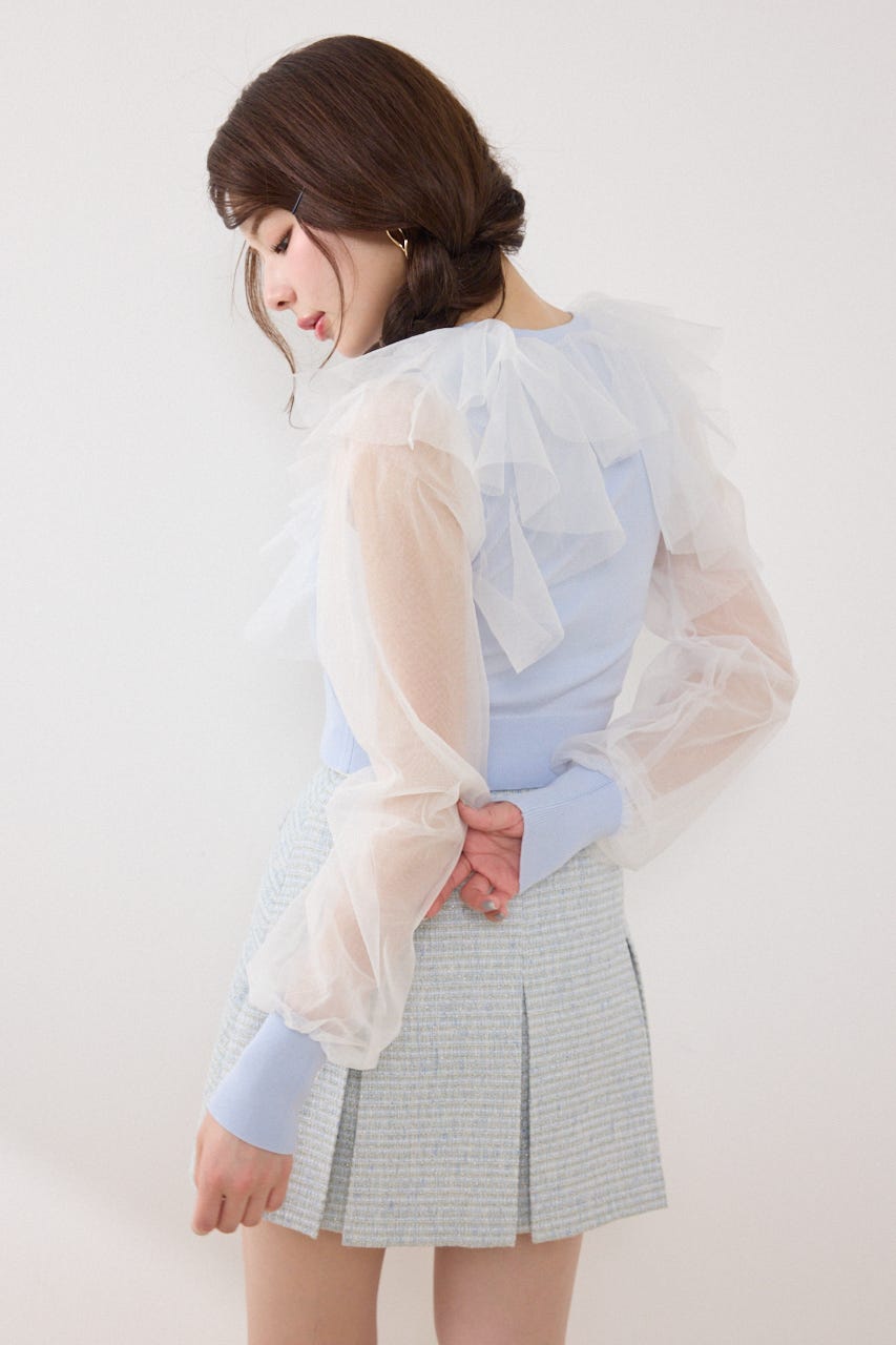 【GirlsAward着用アイテム】チュールフリルシアーニットカーディガン BLU FREE