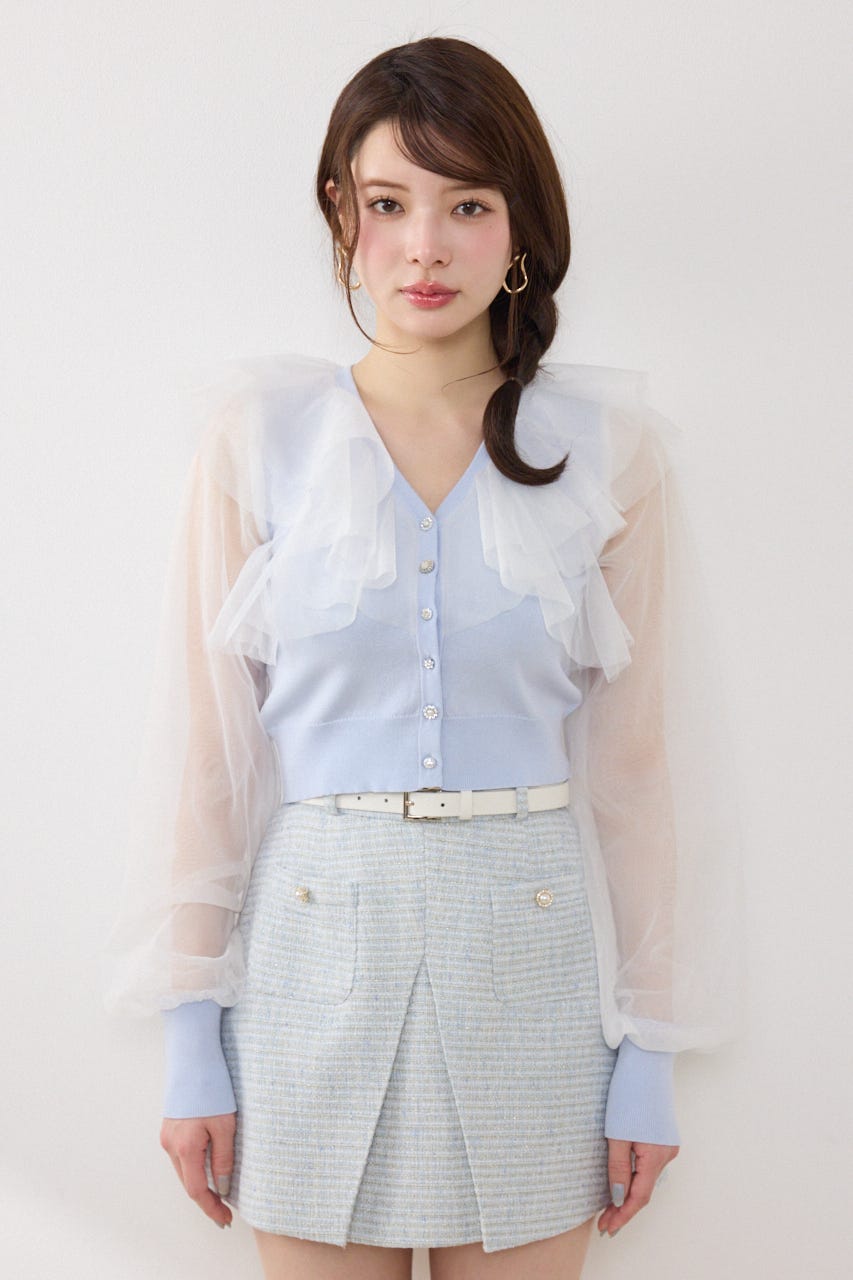 【GirlsAward着用アイテム】チュールフリルシアーニットカーディガン BLU FREE