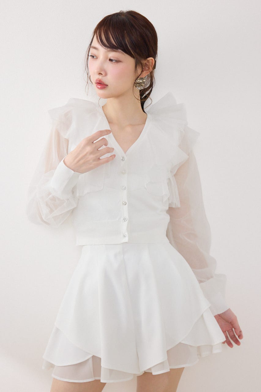 チュールフリルシアーニットカーディガン WHT FREE