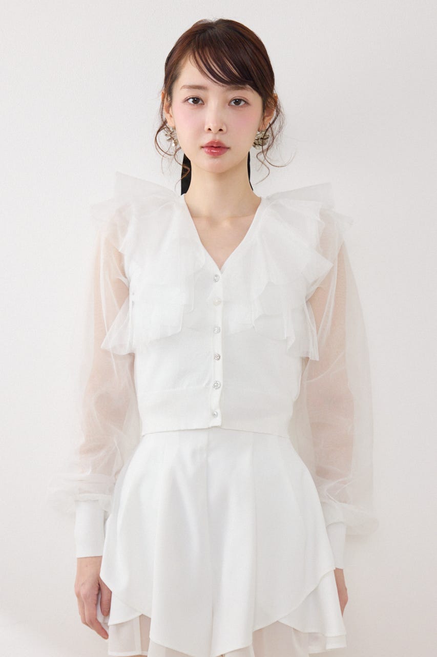 チュールフリルシアーニットカーディガン WHT FREE