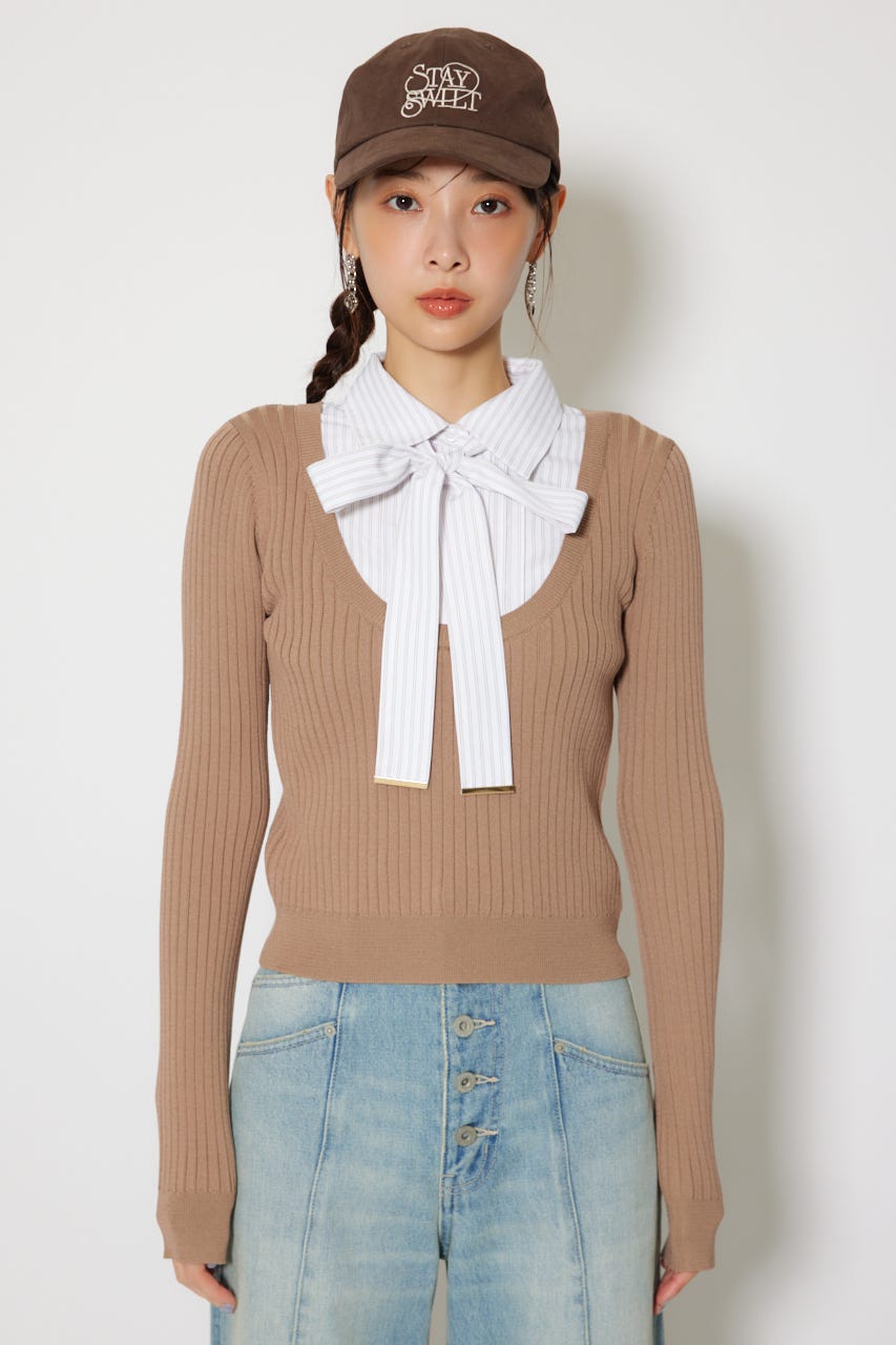 シャツドッキングロングスリーブニットトップス BEG FREE