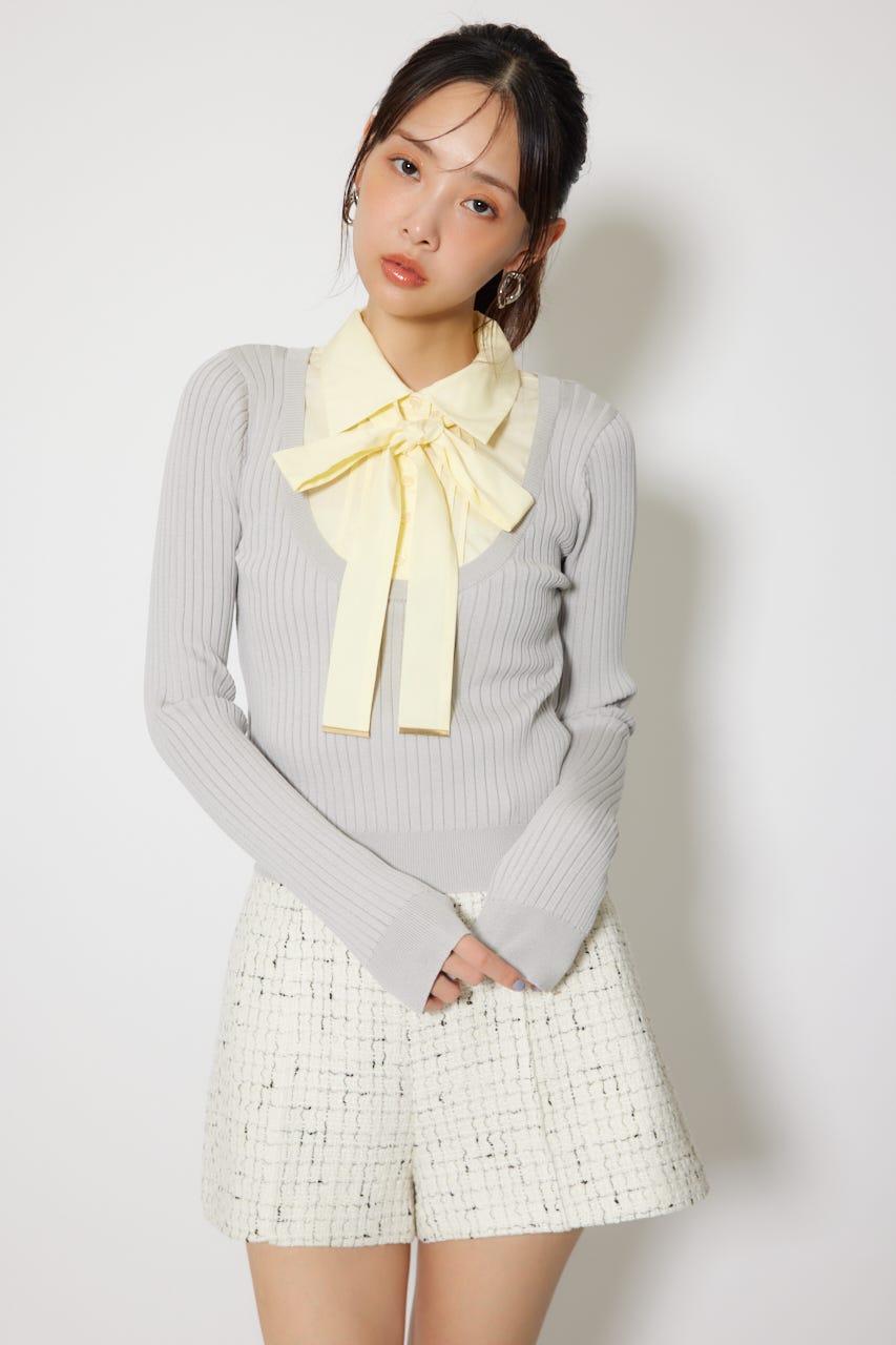 シャツドッキングロングスリーブニットトップス GRY FREE