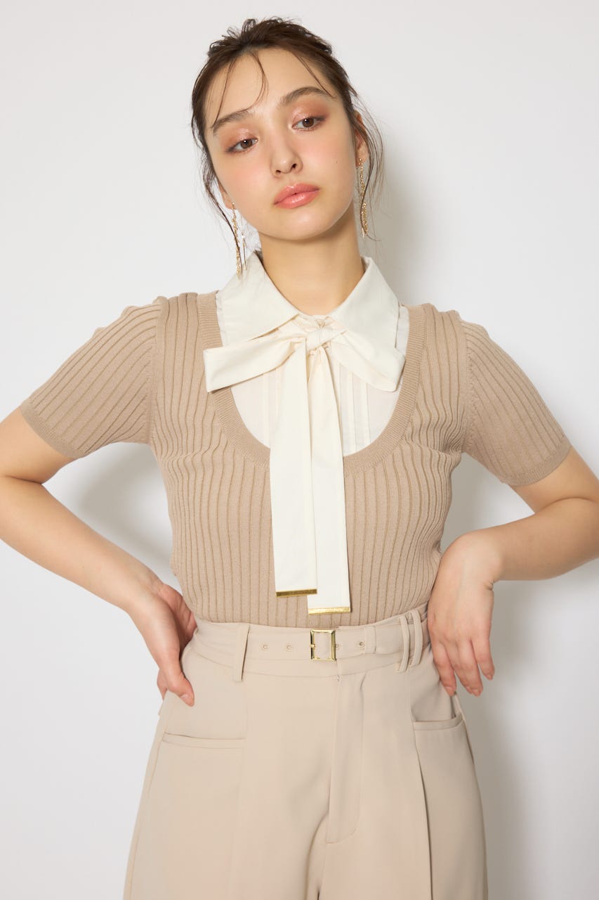 シャツドッキングハーフスリーブニットトップス L/BEG FREE