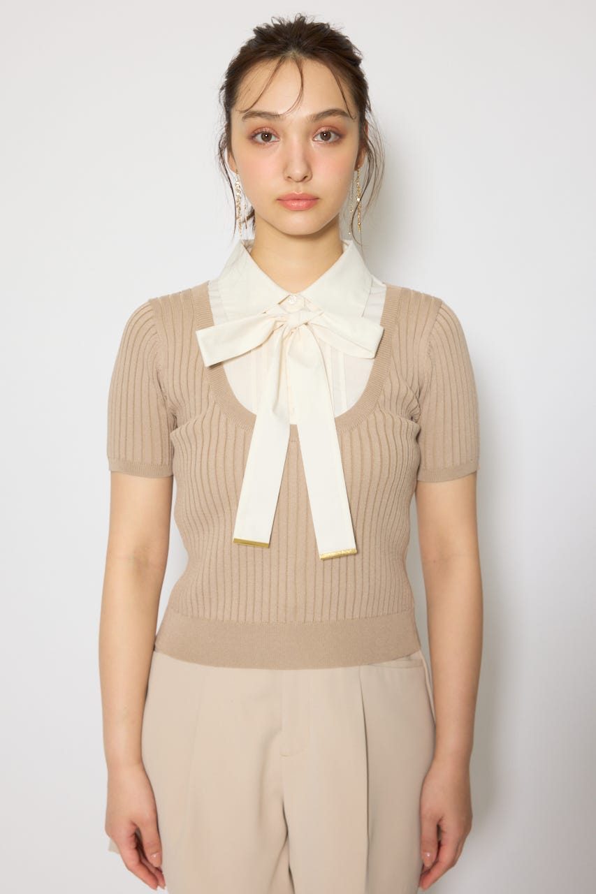 シャツドッキングハーフスリーブニットトップス L/BEG FREE