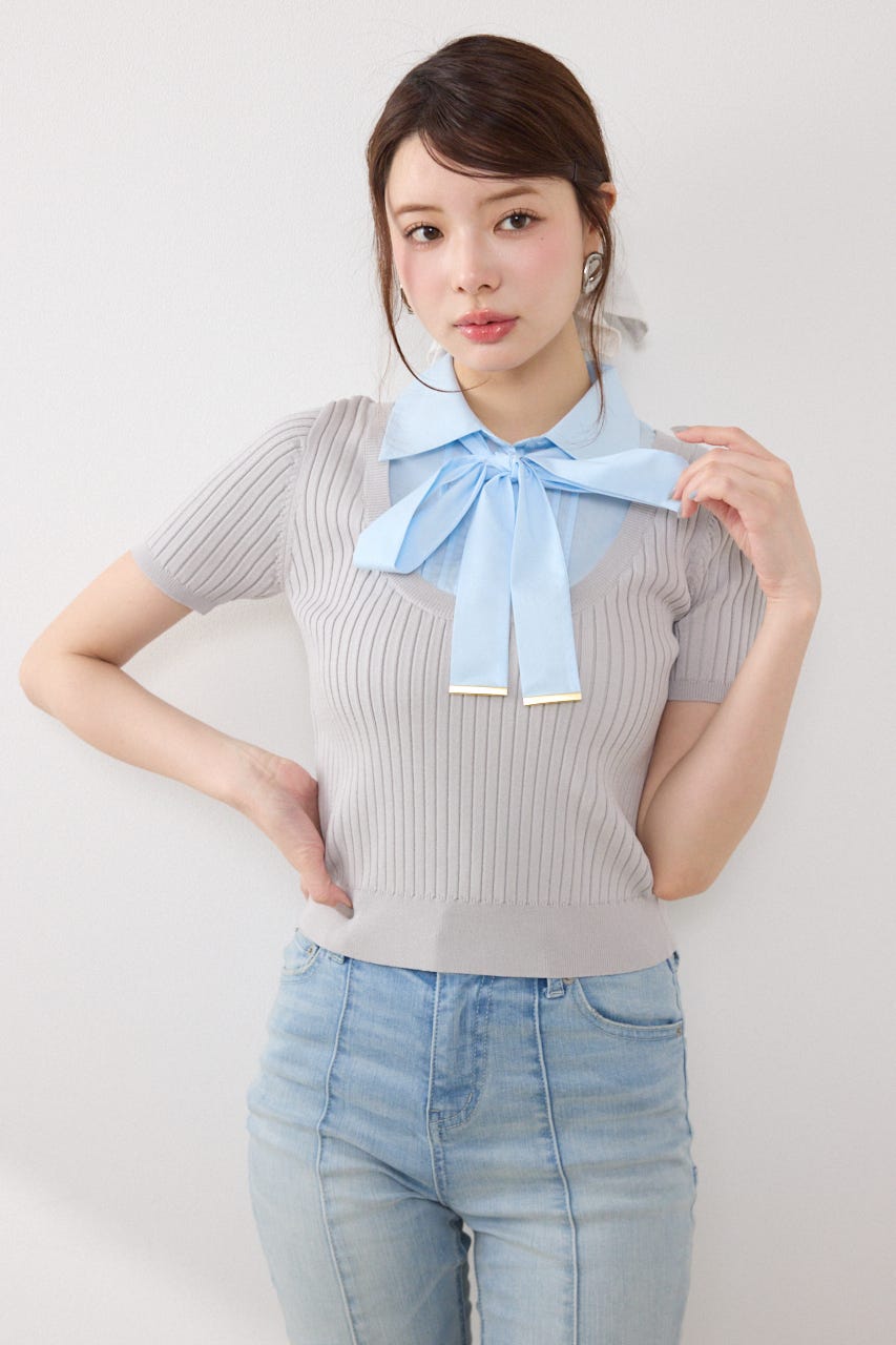 シャツドッキングハーフスリーブニットトップス L/GRY FREE