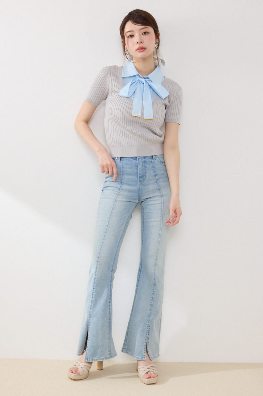 シャツドッキングハーフスリーブニットトップス L/GRY FREE