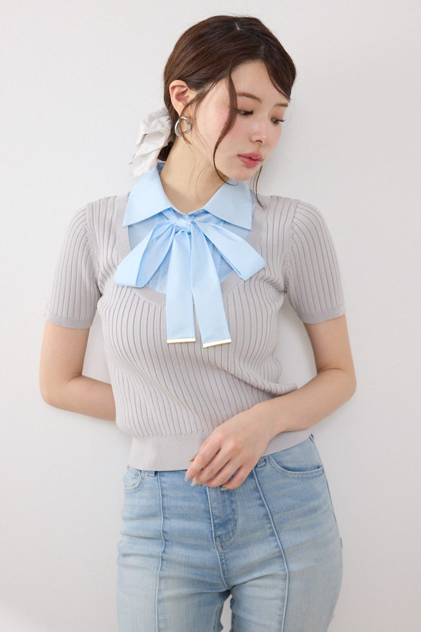 シャツドッキングハーフスリーブニットトップス L/GRY FREE