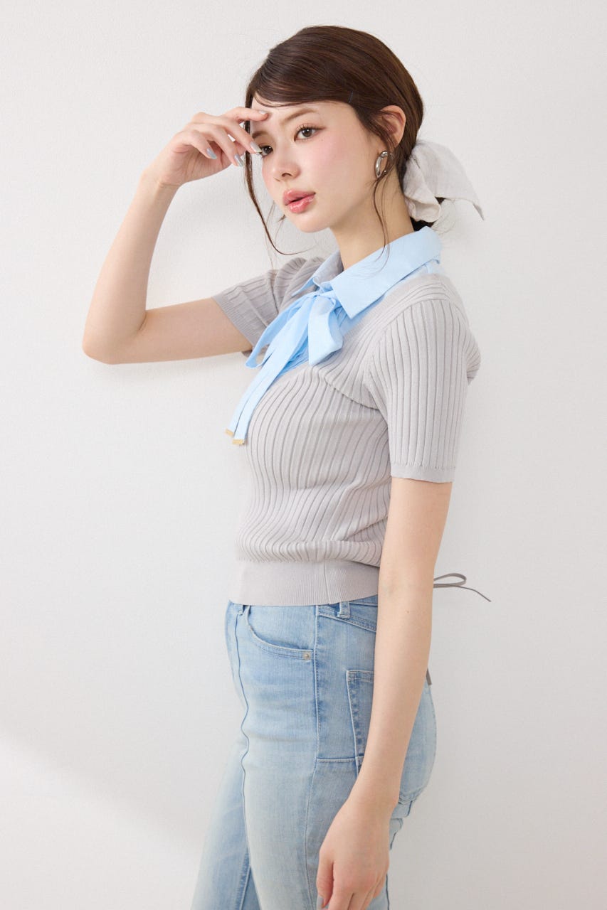 シャツドッキングハーフスリーブニットトップス L/GRY FREE