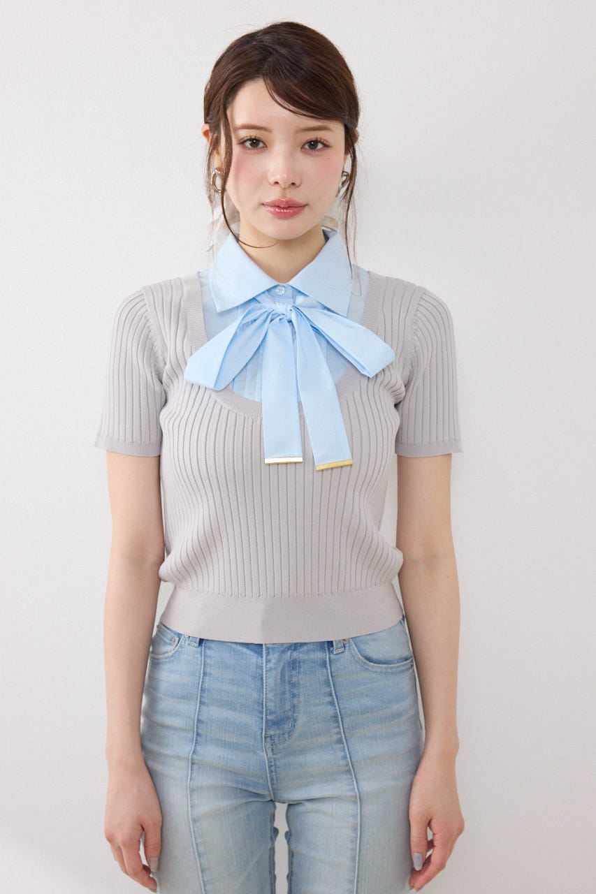 シャツドッキングハーフスリーブニットトップス L/GRY FREE