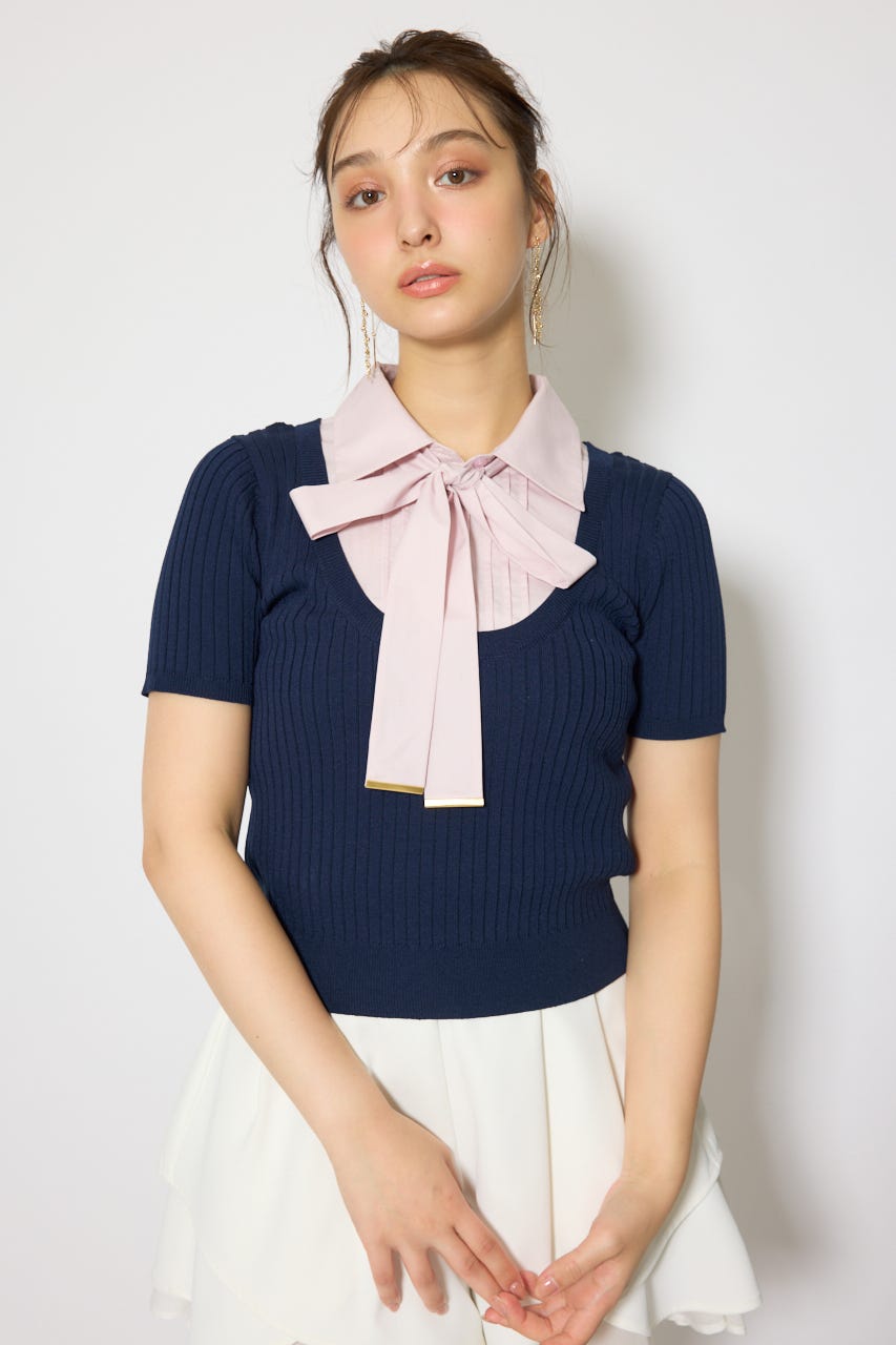 シャツドッキングハーフスリーブニットトップス NVY FREE