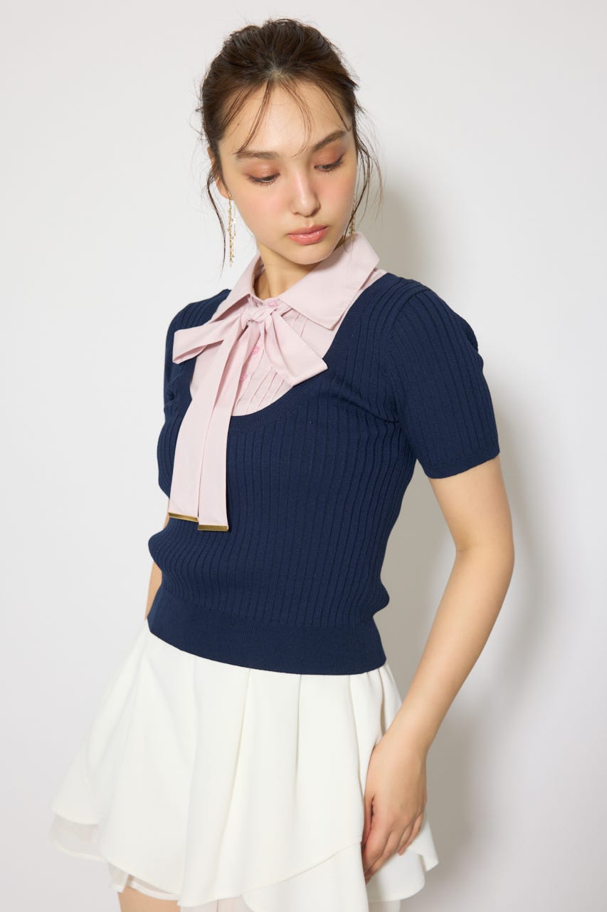 シャツドッキングハーフスリーブニットトップス NVY FREE
