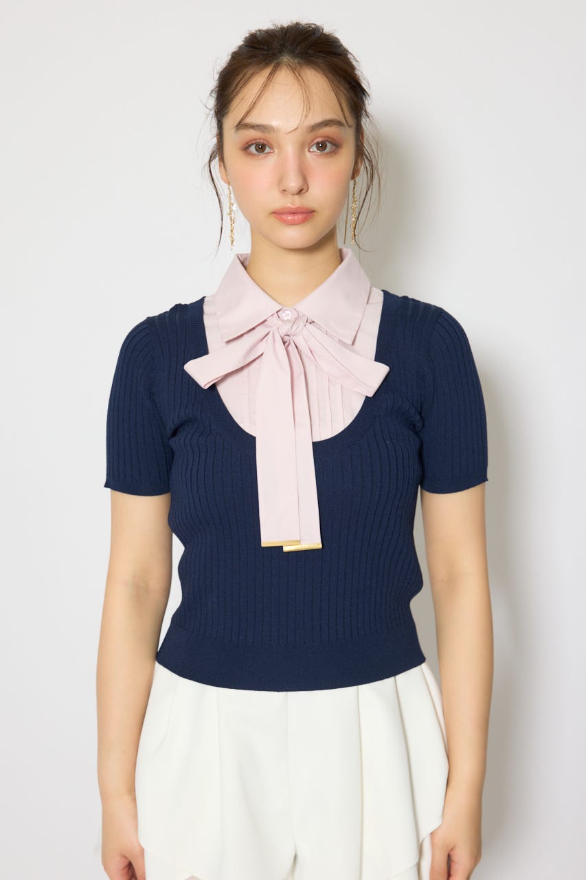 シャツドッキングハーフスリーブニットトップス NVY FREE