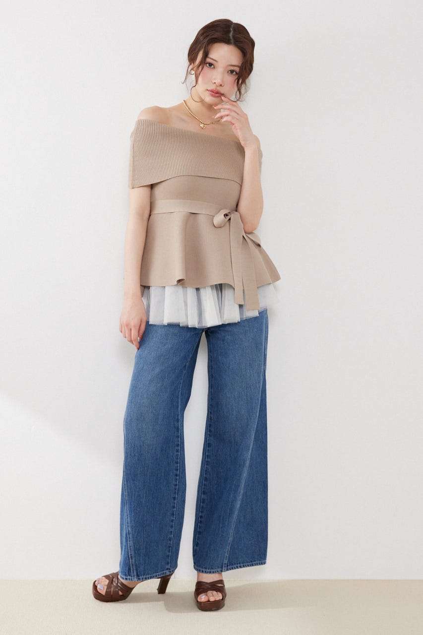 チュールレイヤードハーフスリーブニットトップス BEG FREE