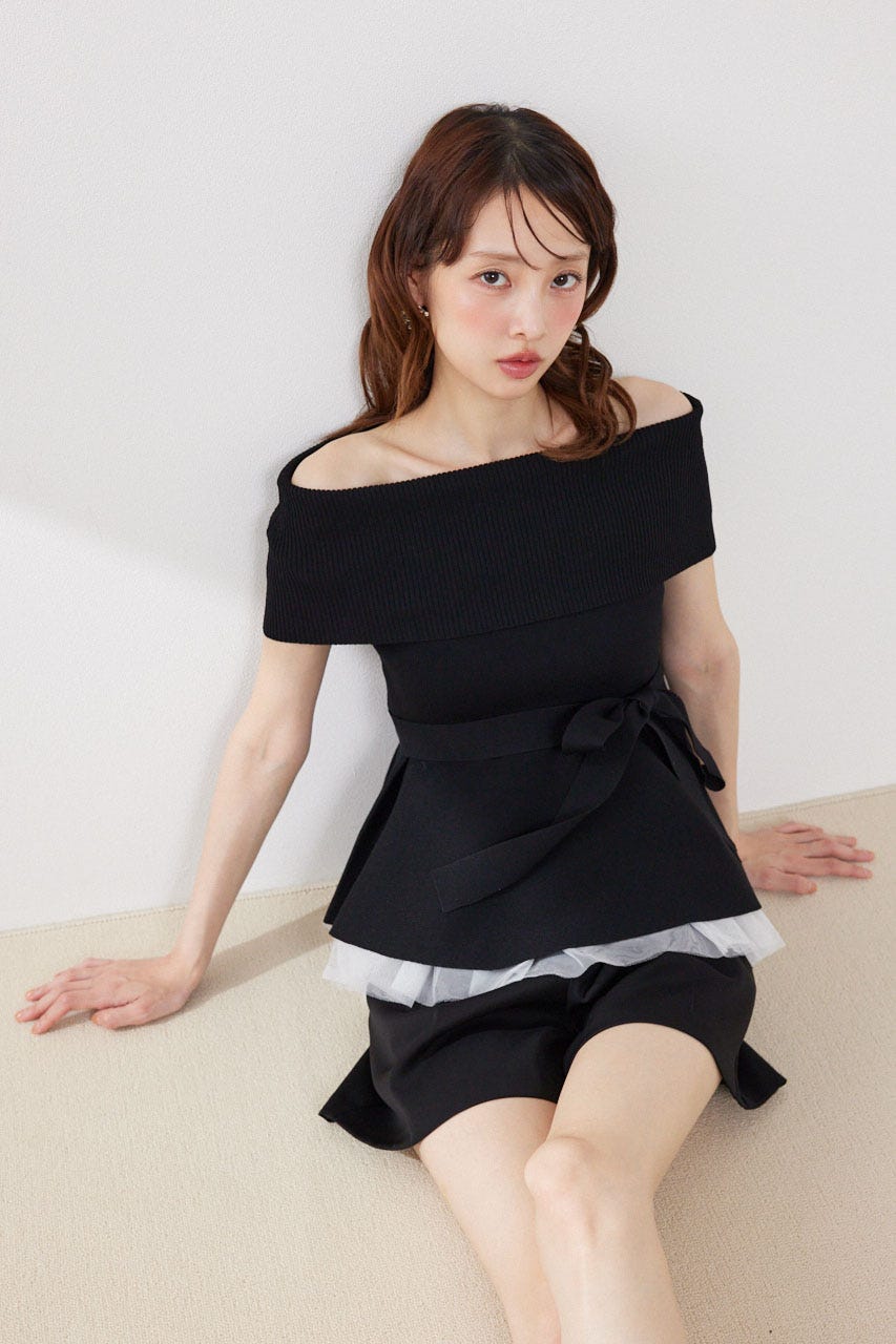 チュールレイヤードハーフスリーブニットトップス BLK FREE