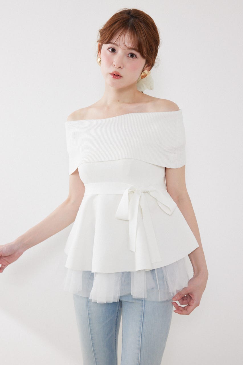 チュールレイヤードハーフスリーブニットトップス WHT FREE