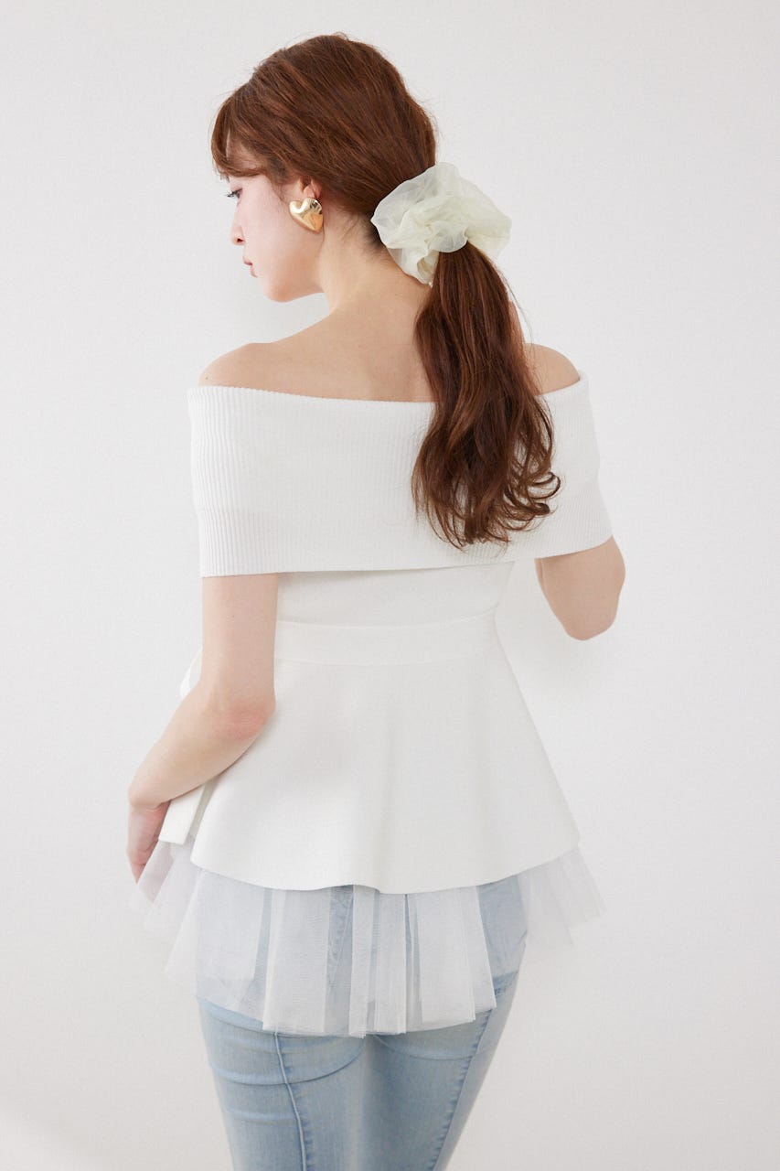 チュールレイヤードハーフスリーブニットトップス WHT FREE