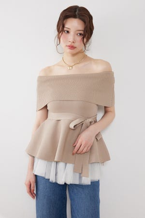 チュールレイヤードハーフスリーブニットトップス
