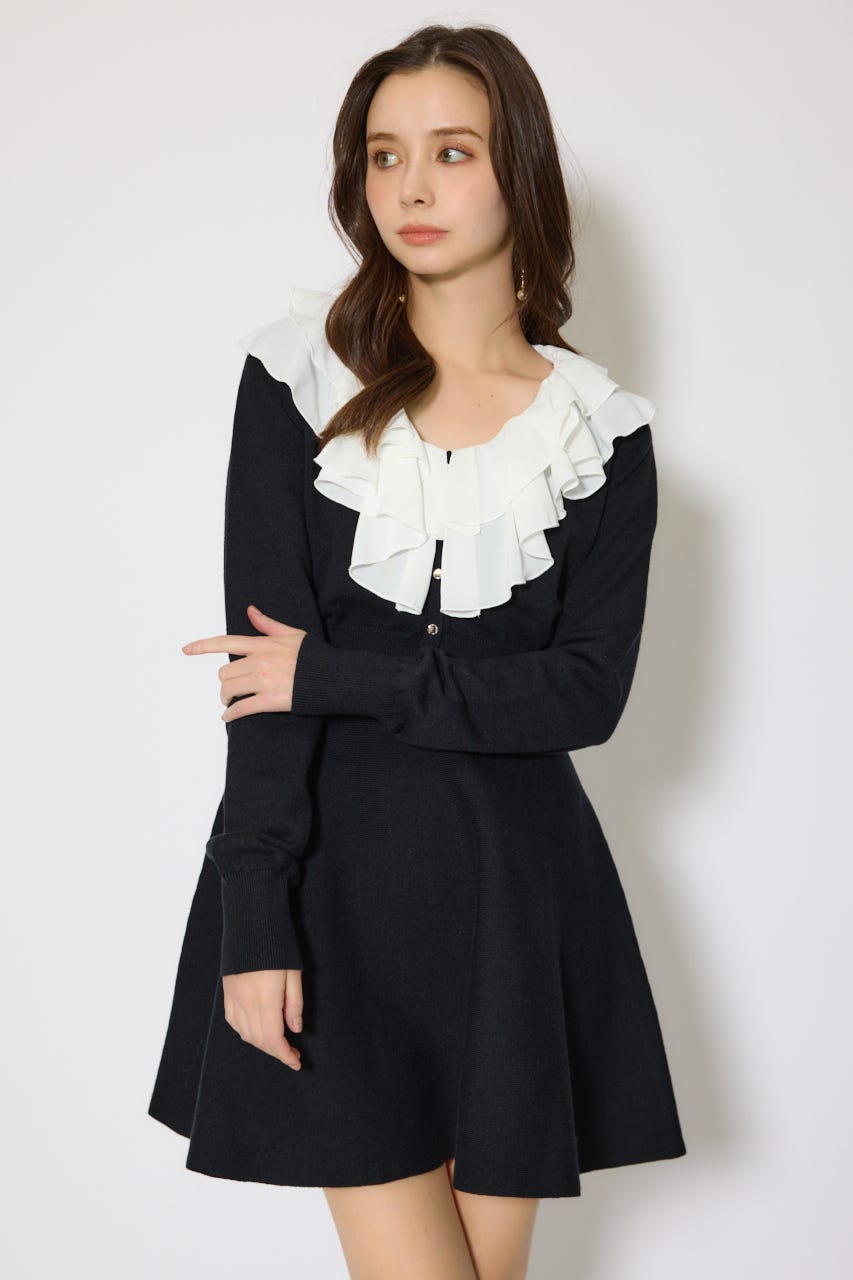 フリルカラーニットカーディガンセットワンピース BLK FREE