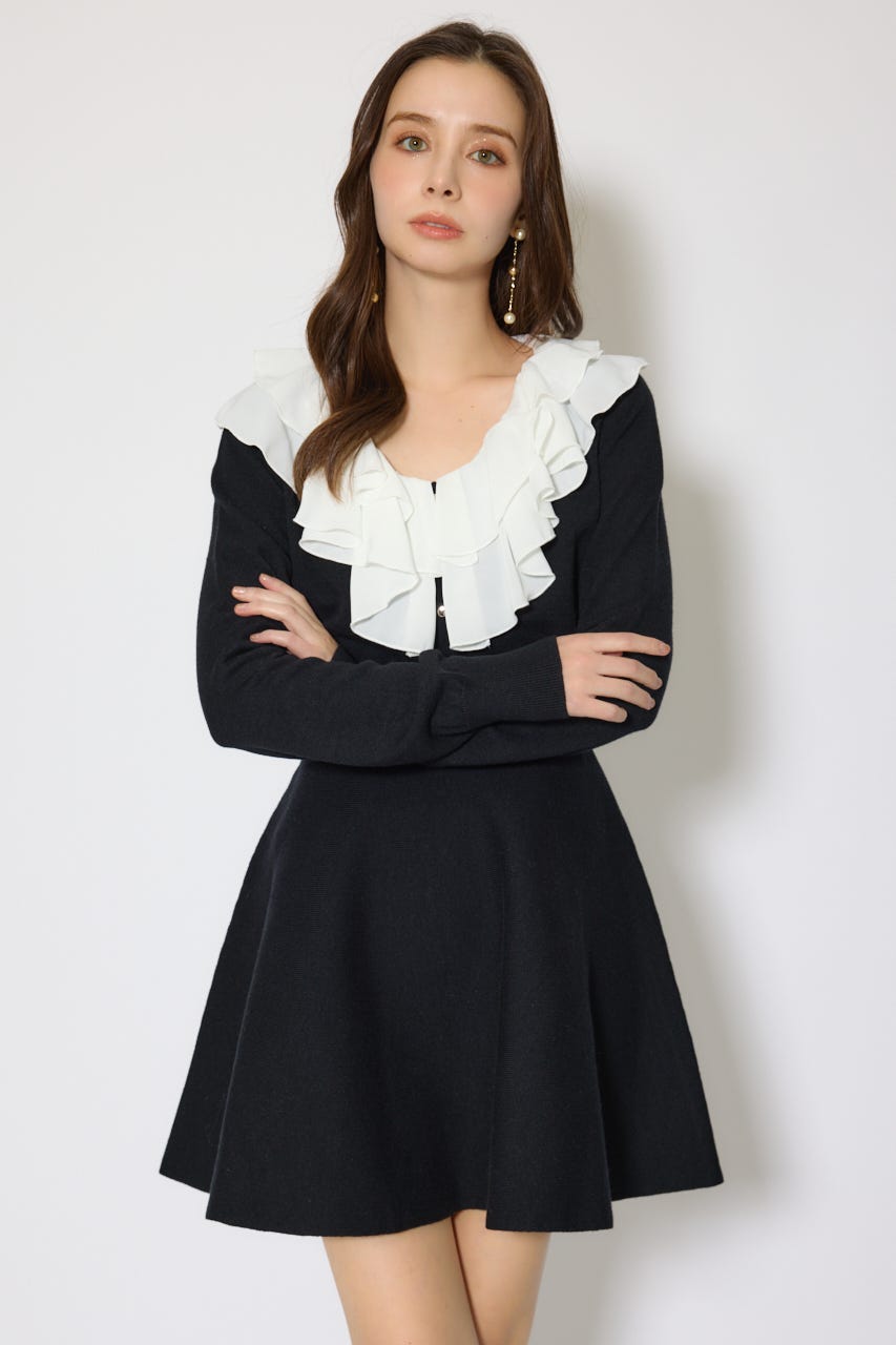 フリルカラーニットカーディガンセットワンピース BLK FREE