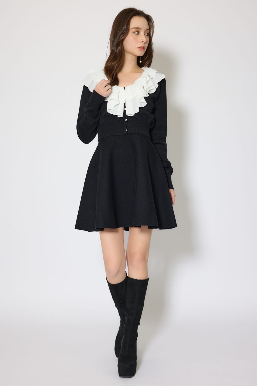 フリルカラーニットカーディガンセットワンピース BLK FREE