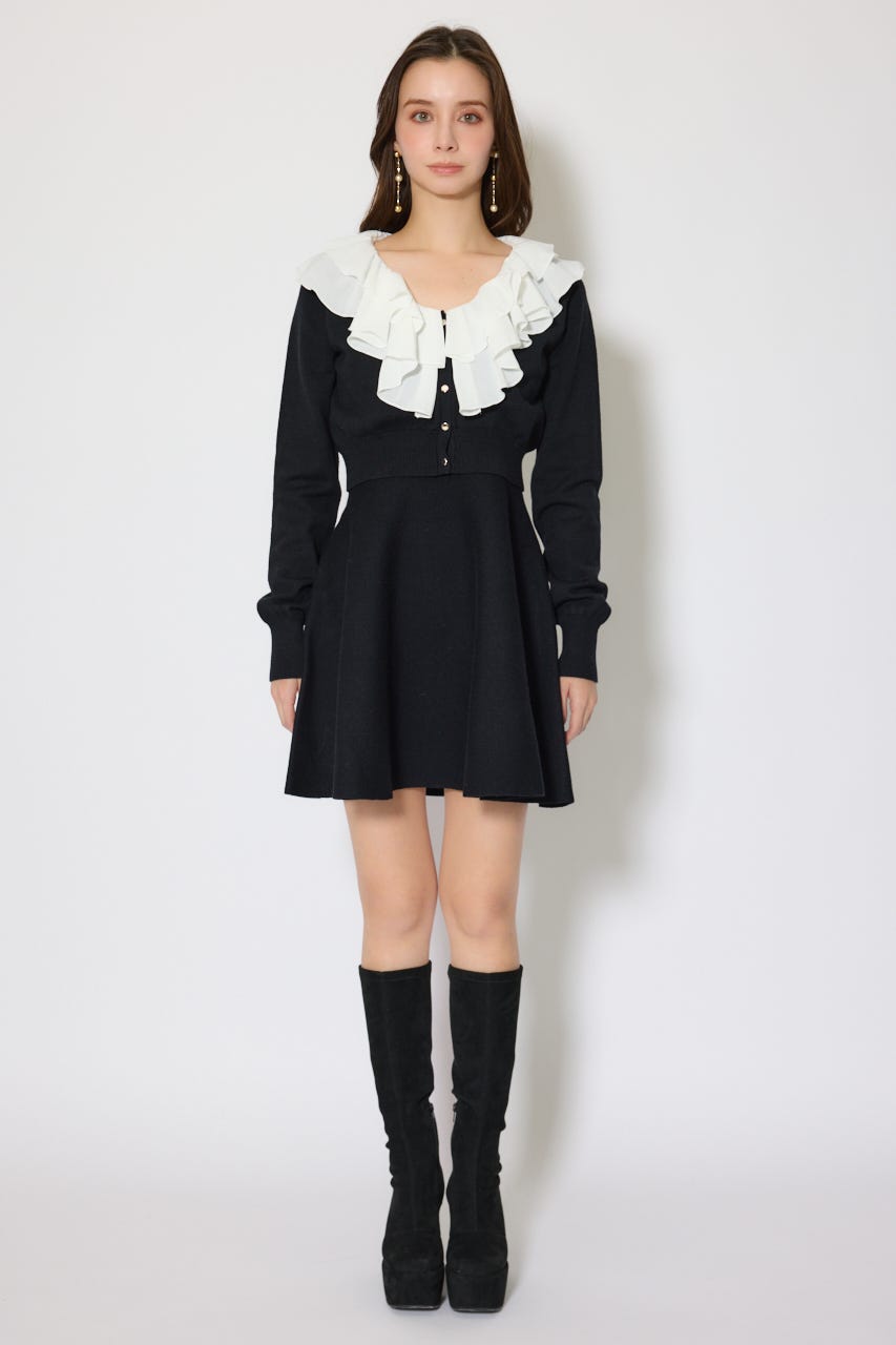 フリルカラーニットカーディガンセットワンピース BLK FREE