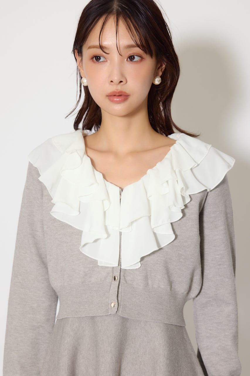 フリルカラーニットカーディガンセットワンピース GRY FREE